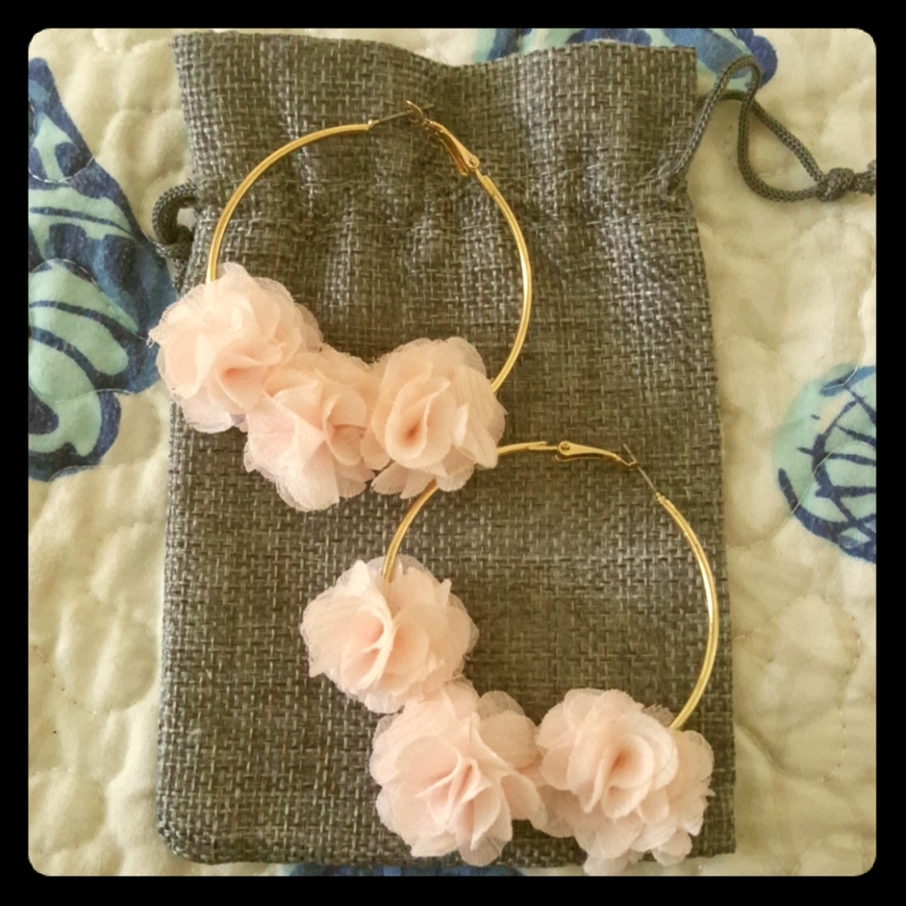 Goldtone hoops with pink fabric flowers